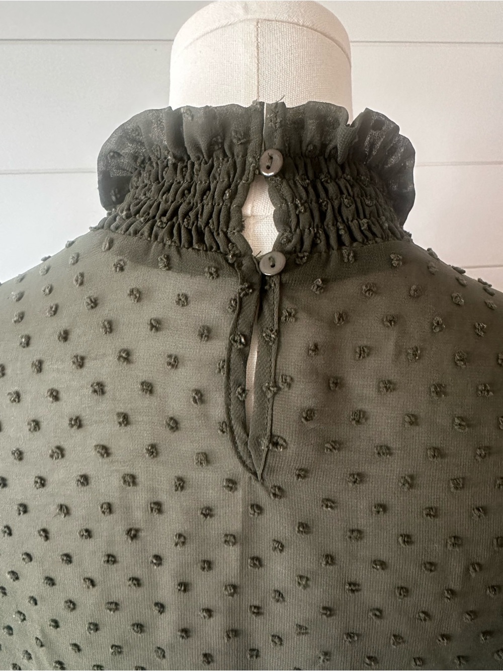 Ruffled Collar Olive Green Swiss Dot Blouse - Picture 4 of 6